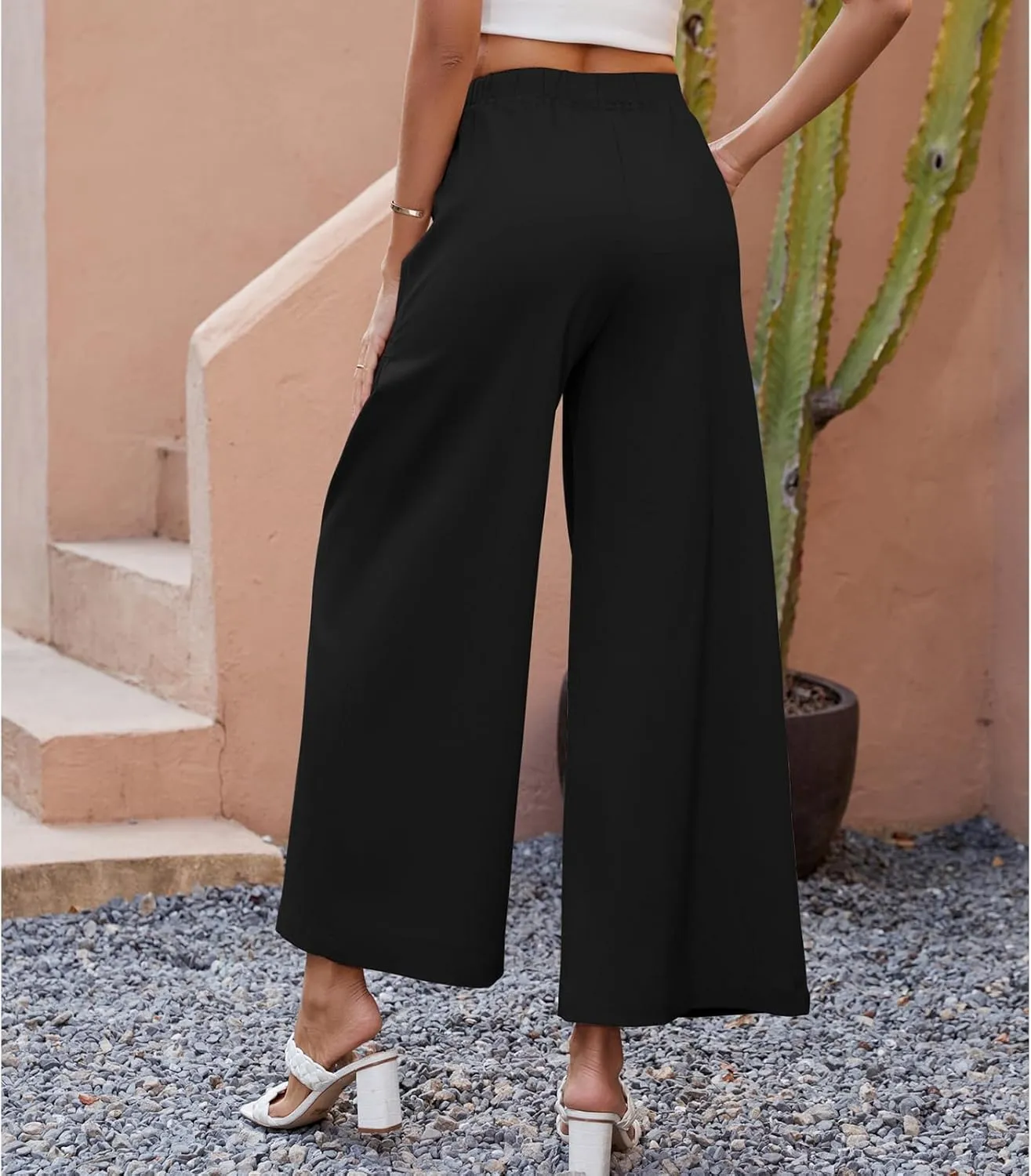 Womens Wide Leg Slacks Pants High Elastic Waist Casual Work Business Lounge with Side Pockets Pleated Trousers