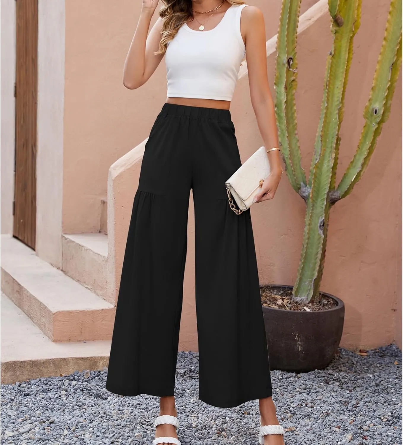 Womens Wide Leg Slacks Pants High Elastic Waist Casual Work Business Lounge with Side Pockets Pleated Trousers