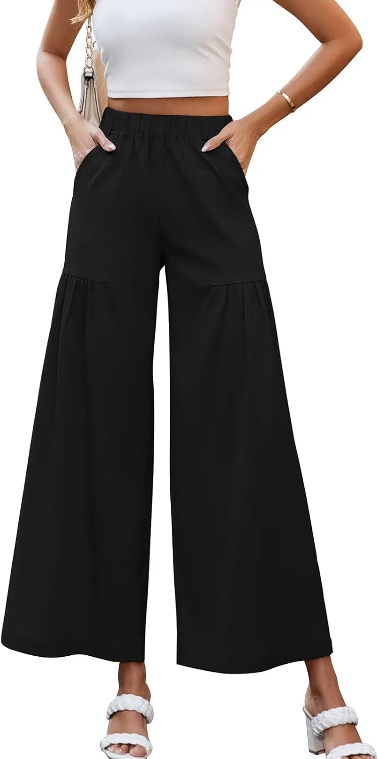Womens Wide Leg Slacks Pants High Elastic Waist Casual Work Business Lounge with Side Pockets Pleated Trousers