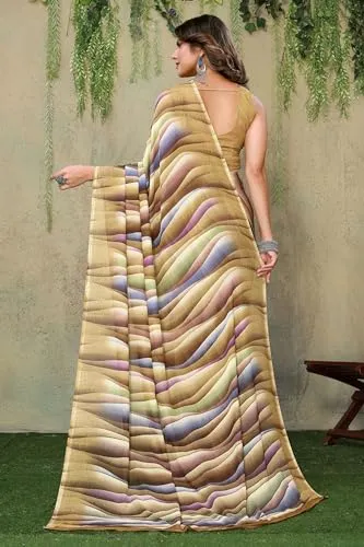 Yashika Women's Trendy Printed Georgette Beige Color Saree with Blouse Material(RESHMA CHIKU) (Barsha-P_Beige09)